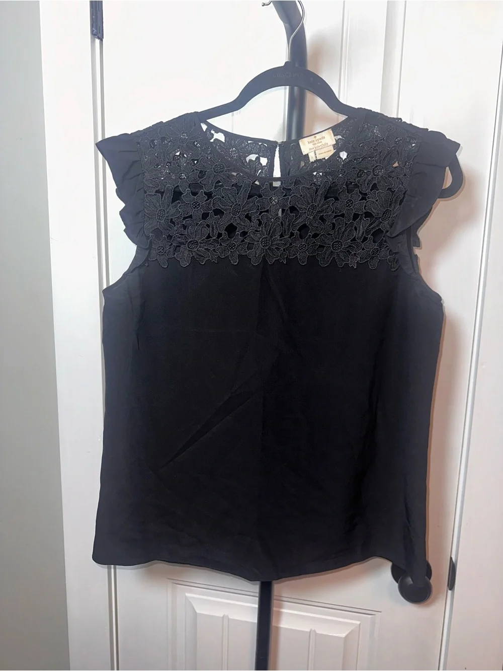 Kate Spade Size Large Black Lace Yoke Flutter Sleeve Women’s Top